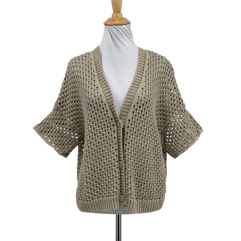 Splendid Cardigan Women L Large Taupe Open Knit Short Sleeve V Neck Button Front